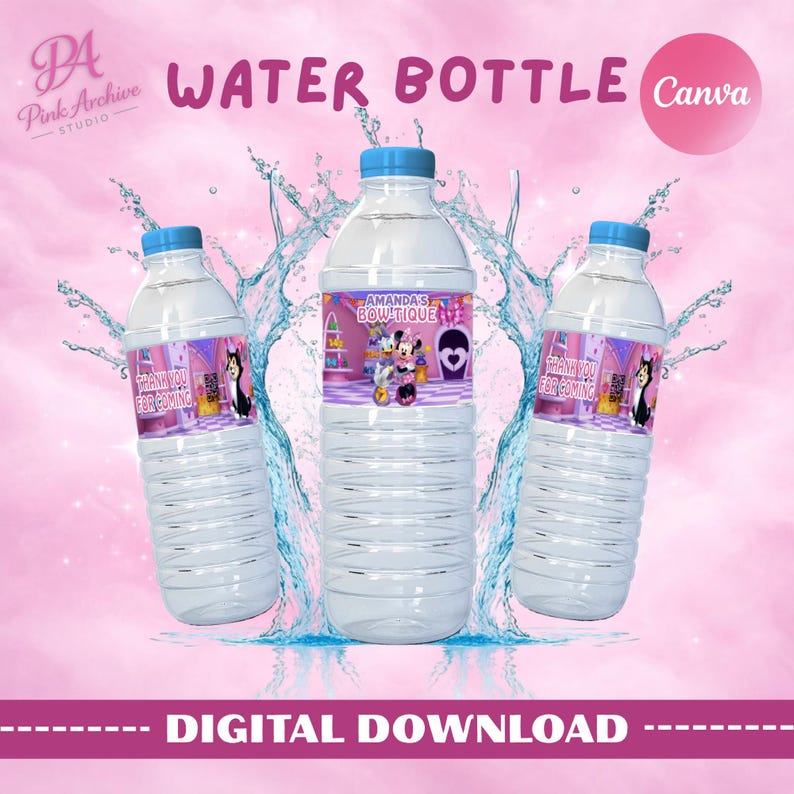 Product mockup featuring three clear plastic water bottles with custom "Minnie's Bow-tique" themed labels against a pink smoky background with water splashes. The labels are pink and purple, featuring Minnie Mouse, Daisy Duck, and Figaro. A pink circle in the corner says "Canva," and the Pink Archive Studio logo is in the top left. The bottom banner reads "DIGITAL DOWNLOAD."