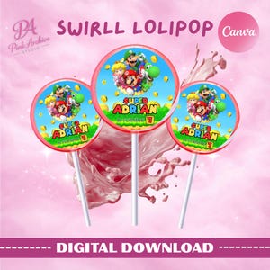 May include: Three round lollipops with a cartoon character design. Each lollipop features a blue background with gold coins and a red border. The text "SUPER ADRIAN IS TURNING 7" is displayed. The image also includes the text "SWIRLL LOLIPOP" and "DIGITAL DOWNLOAD".