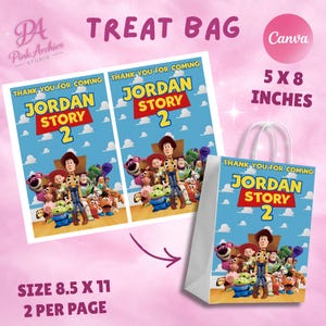 A product detail graphic showing the print layout for the treat bags. It displays a "Size 8.5 x 11" sheet with "2 per page," indicating that two $5 \times 8$ inch bag designs fit on one standard sheet of paper. An arrow points from the flat design to a 3D mockup of the finished treat bag against a pink aesthetic background.