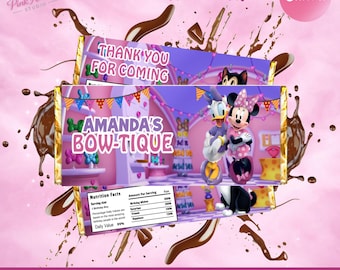 Étiquette de barre de chocolat Minnie Mouse Bow-tique pour fête d'anniversaire d'enfants Favoe mb1