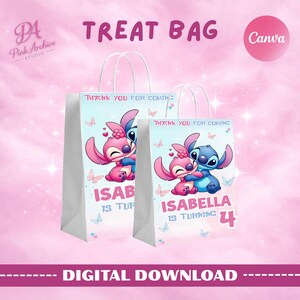Promotional graphic for a digital download product by Pink Archive Studio. It features a pink, cloudy background with the bold text "TREAT BAG" and a Canva logo. Two mockups of white paper gift bags with handles display a personalized design featuring the cartoon characters Stitch and Angel hugging, with the text "THANK YOU FOR COMING" and "ISABELLA IS TURNING 4". A banner at the bottom reads "DIGITAL DOWNLOAD".