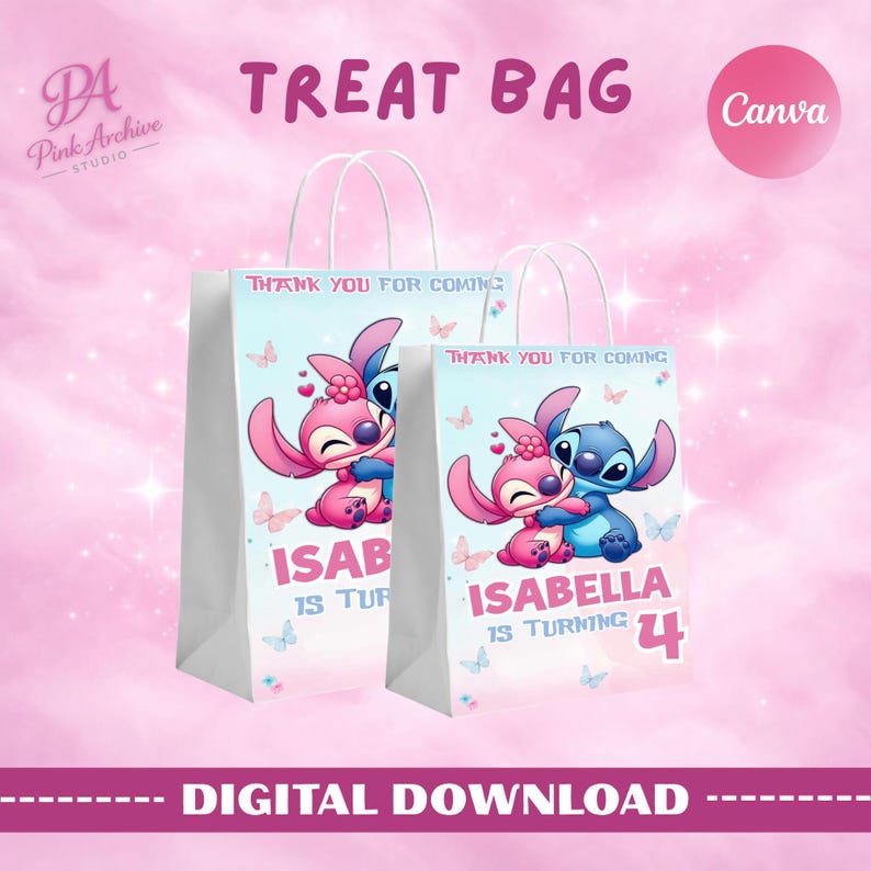 Promotional graphic for a digital download product by Pink Archive Studio. It features a pink, cloudy background with the bold text "TREAT BAG" and a Canva logo. Two mockups of white paper gift bags with handles display a personalized design featuring the cartoon characters Stitch and Angel hugging, with the text "THANK YOU FOR COMING" and "ISABELLA IS TURNING 4". A banner at the bottom reads "DIGITAL DOWNLOAD".
