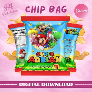 May include: A colorful chip bag design featuring Super Mario characters. The bag is blue with red and yellow accents, and includes the text "Super Adrian is Turning 7". The words "Chip Bag" and "Digital Download" are also visible.