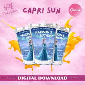 Pode incluir: Três embalagens de suco Capri Sun com um design personalizado para uma festa de 6 anos. Cada embalagem apresenta uma imagem de desenho animado de uma princesa em um vestido azul, com o texto "Obrigado por vir" e o nome da aniversariante.