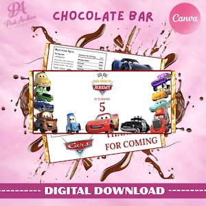 May include: A digital download design for a chocolate bar, featuring a pink background with chocolate drips and the text "CHOCOLATE BAR". The design includes "Cars" characters and text that reads "JEREMY IS TURNING 5".