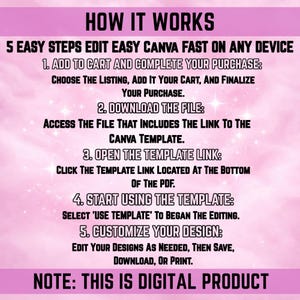 An instructional graphic titled "HOW IT WORKS" on a pink, sparkly background. It lists 5 steps for using the template: 1. Add to cart and complete purchase, 2. Download the file, 3. Open the template link at the bottom of the PDF, 4. Start using the template in Canva, 5. Customize your design, save, and print. A bold note at the bottom states, "THIS IS DIGITAL PRODUCT."