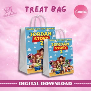 A promotional graphic for a Toy Story-themed party treat bag. Two white gift bags are shown with a blue "Jordan Story 2" design featuring characters like Woody, Jessie, and Lotso. The background is a sparkly pink cloud texture with the "Pink Archive Studio" logo and a Canva icon. A banner at the bottom reads "DIGITAL DOWNLOAD."