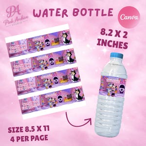 A graphic showing the layout of the digital product. On the left, a sheet of paper sized 8.5 x 11 inches contains four water bottle labels, each measuring 8.2 x 2 inches. An arrow points to a mockup of a finished water bottle on the right. The design features characters from "Minnie's Bow-tique" and the text "Thank you for coming."