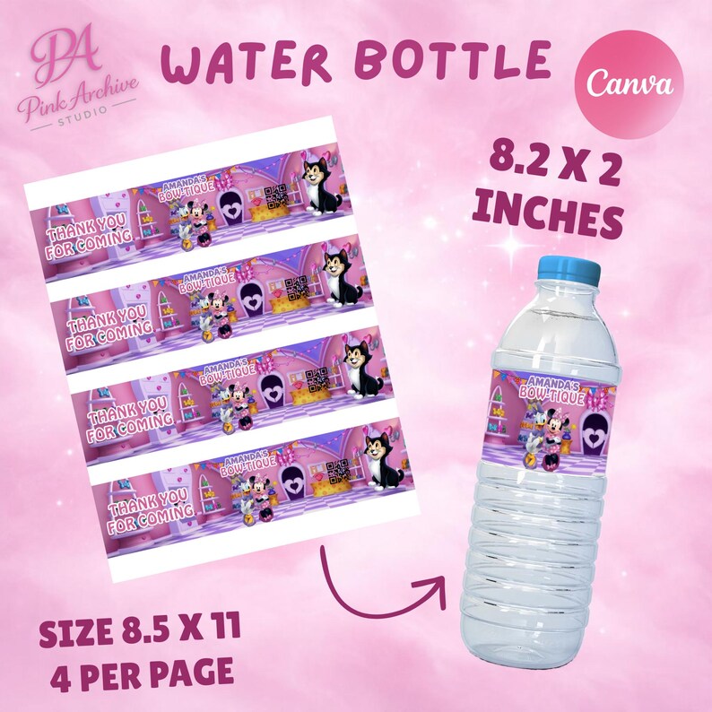 A graphic showing the layout of the digital product. On the left, a sheet of paper sized 8.5 x 11 inches contains four water bottle labels, each measuring 8.2 x 2 inches. An arrow points to a mockup of a finished water bottle on the right. The design features characters from "Minnie's Bow-tique" and the text "Thank you for coming."