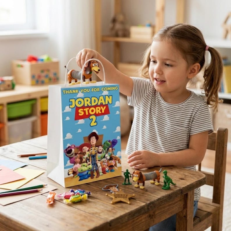 A young girl with pigtails sits at a wooden table, playing with Toy Story figurines and a customized "Jordan Story 2" treat bag. Toy figures of Slinky Dog, Rex, and an army man are scattered on the table alongside some candies and a "Sheriff Woody" star badge. The setting is a bright, sunlit playroom.