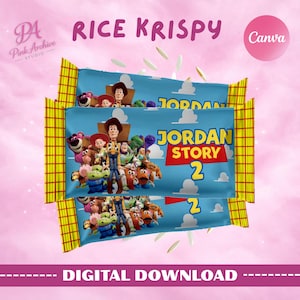 May include: Three Rice Krispy treat wrappers with a blue background featuring characters from Toy Story. The wrappers have yellow and gold edges and the text "JORDAN STORY 2". The words "RICE KRISPY" and "DIGITAL DOWNLOAD" are also visible.