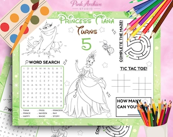 Princess Tiana Placemat Kids Birthday Party Activity Sheet pt1