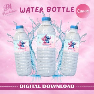 Three plastic water bottles featuring custom Stitch and Angel birthday labels against a splashy pink and blue water background. The labels say "Isabella is turning 4." Text at the top reads "WATER BOTTLE" with a Canva logo, and the bottom reads "DIGITAL DOWNLOAD" on a maroon banner.