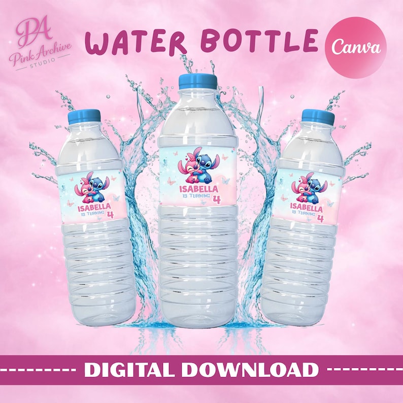 Three plastic water bottles featuring custom Stitch and Angel birthday labels against a splashy pink and blue water background. The labels say "Isabella is turning 4." Text at the top reads "WATER BOTTLE" with a Canva logo, and the bottom reads "DIGITAL DOWNLOAD" on a maroon banner.