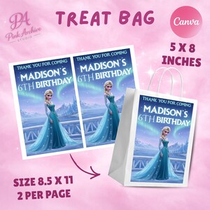 A product specification graphic for the treat bag template. It shows a printable sheet with two "Frozen" themed Elsa designs, labeled "SIZE 8.5 X 11 2 PER PAGE." An arrow points to a 3D mockup of the finished 5x8 inch gift bag. The background is pink and cloudy with the Canva logo in the corner.