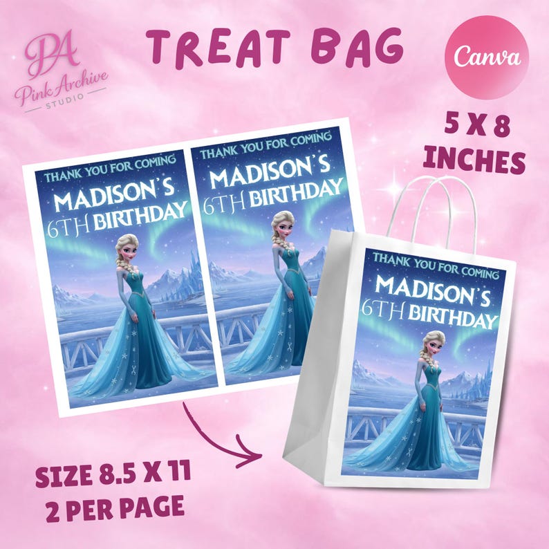 A product specification graphic for the treat bag template. It shows a printable sheet with two "Frozen" themed Elsa designs, labeled "SIZE 8.5 X 11 2 PER PAGE." An arrow points to a 3D mockup of the finished 5x8 inch gift bag. The background is pink and cloudy with the Canva logo in the corner.