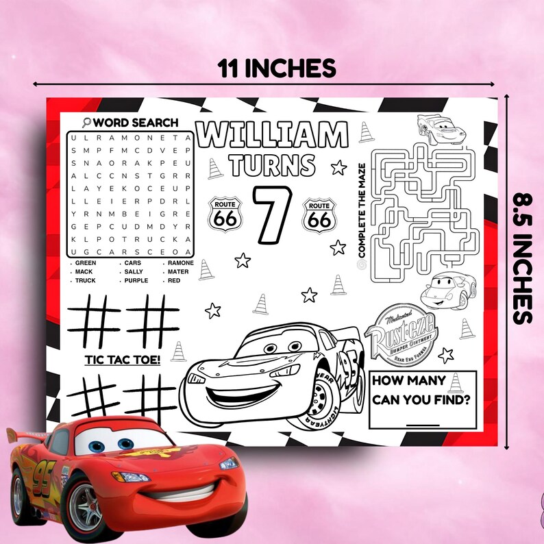 Cars Placemat Lightning Mcqueen Activity Sheet Ca1 - Etsy