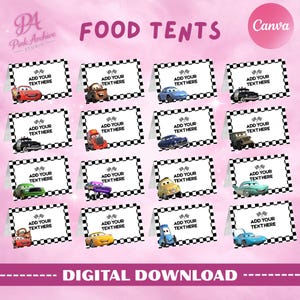 May include: Food tents with a black and white checkered border, featuring cartoon car illustrations. Each tent has space to add text. The words "FOOD TENTS" and "DIGITAL DOWNLOAD" are also visible.