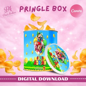 May include: A blue Pringle box with a Super Mario theme, featuring characters and the text "Super Adrian is turning 7." The box is decorated with gold coins and green hills. The lid is also decorated with the same characters. The words "Digital Download" are at the bottom.