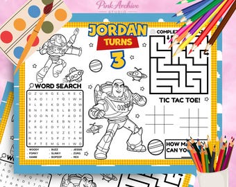 Set de table buzz l'Éclair histoire de jouets : 1 feuille d'activités pour anniversaire