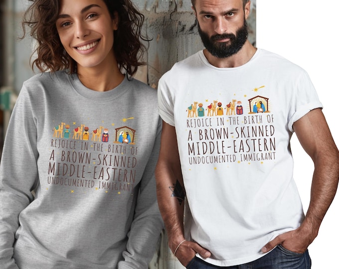 Rejoice Nativity T-Shirt: Brown-Skinned Middle-Eastern Jesus Tee