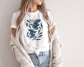 Retro Botanical Bird T-Shirt, Folk Art Nature Graphic Tee