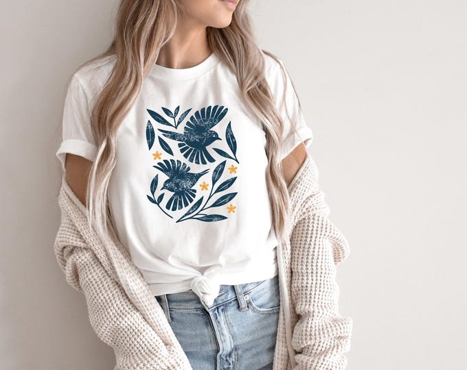 Retro Botanical Bird T-Shirt, Folk Art Nature Graphic Tee