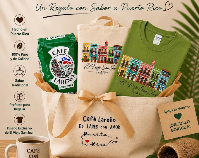 Puerto Rico Gift Set, Café Lareño 14oz Coffee, El Viejo San Juan Tote & Matching T-Shirt, Boricua Gift Box, Puerto Rican Souvenir Gift