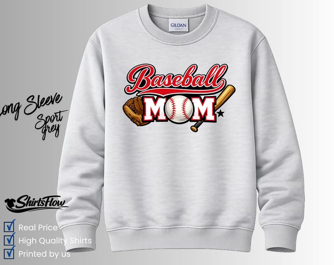 Baseball Mom Log Sleeve T-Shirt, Baseball Mom Shirt, Sports Mom Tee, Game Day Shirt,  Baseball Mom Gift, Cute Sports Mom Tee