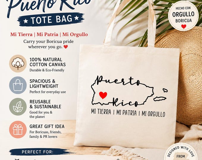 Puerto Rico Tote Bag | Puerto Rican Pride Canvas Tote | Boricua Gift Bag | Puerto Rico Travel Souvenir Tote | Hispanic Heritage Shopping Bag