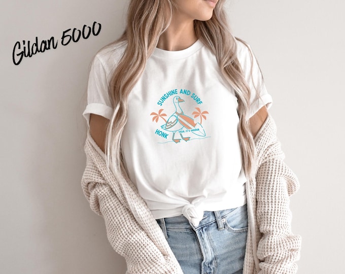 Sunshine and Surf Goose Shirt | Funny Beach Goose Tee | Summer Vacation Shirt | Coastal Goose Graphic Tee | Cute Surfing Bird Shirt.