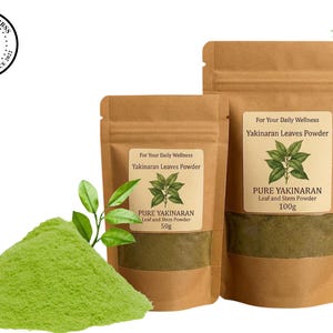May include: Two brown kraft paper pouches containing Yakinaran Leaves Powder, labeled 50g and 100g, alongside a pile of bright green powder and a small green leafy sprig. The labels feature the text For Your Daily Wellness and Pure Yakinaran.