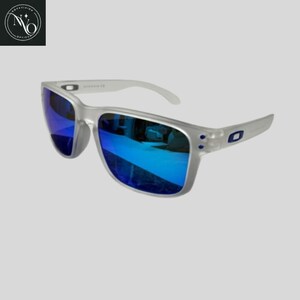 May include: Silver-framed sunglasses with blue mirrored lenses. The sunglasses have a rectangular shape and white arms. The lenses reflect a bright blue color. The frame has a small blue logo on the side.
