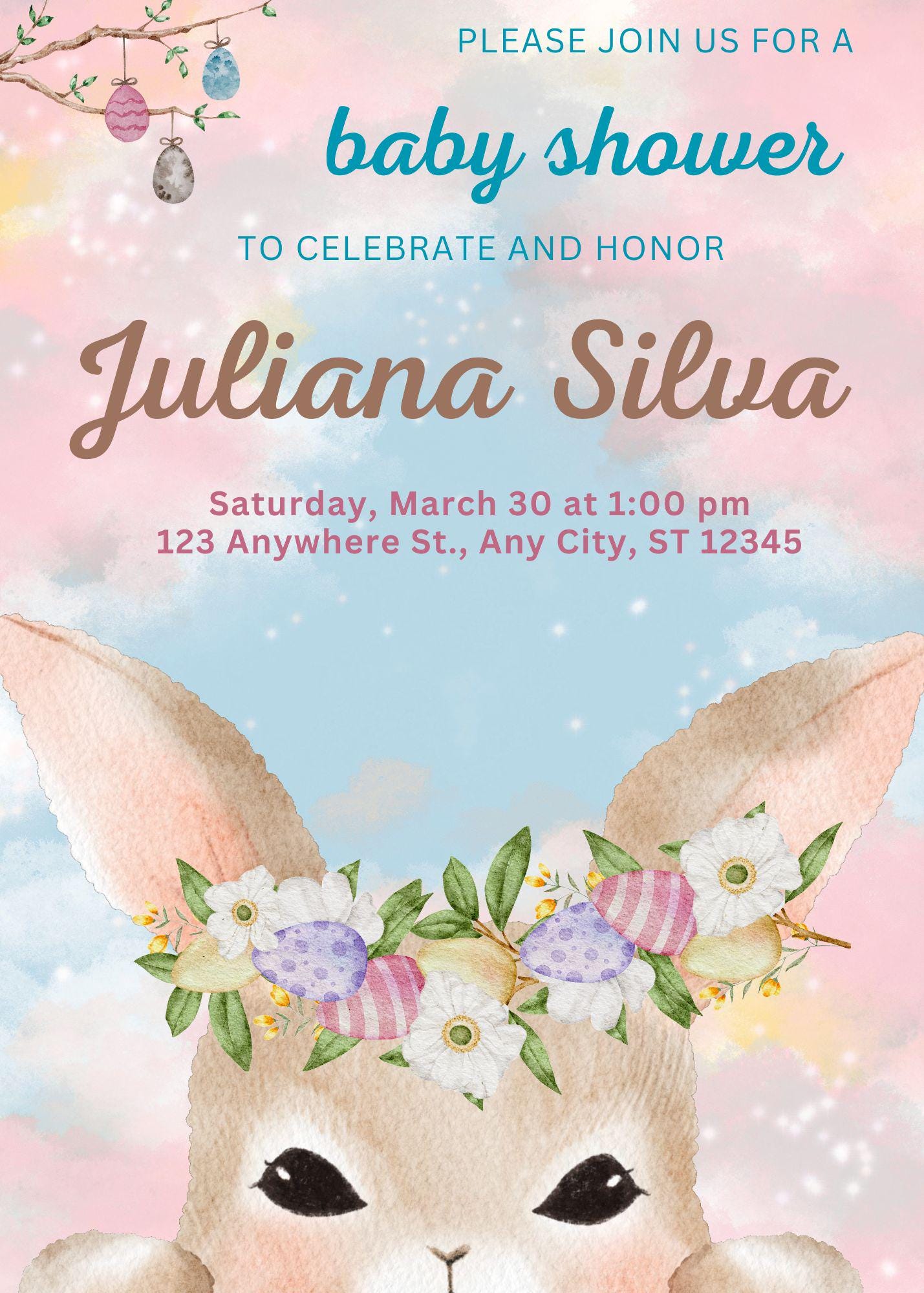 Easter Bunny Baby Shower Invitation, Spring Pastel Floral Rabbit Invite ...