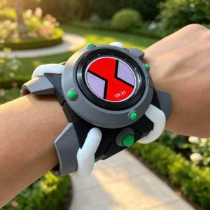 Puede incluir: Un dispositivo de muñeca con una pantalla circular negra y roja que muestra un símbolo de reloj de arena estilizado y la hora 09:31. La carcasa es gris mate y negra con acentos blancos curvos y pequeños botones circulares verde brillante.