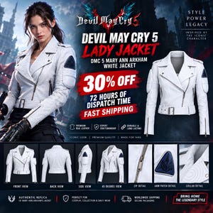 May include: A white motorcycle-style jacket featuring a notched lapel, asymmetrical front zipper, and a buckled waist belt. The sleeves include padded shoulder sections and a dark blue triangular patch on the upper arm with a geometric design.