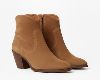 Handmade Women Leather Ankle Boots Brown Block Heel  Side Zipper Booties Ladies Casual Western Leather Shoes