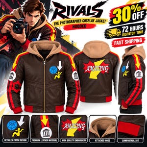 May include: A brown leather hooded jacket featuring red and yellow sleeve stripes, a tan hood, and various patches including a blue circular emblem, a white downward arrow, a yellow figure, and a back graphic with a yellow lightning bolt and the word AMAZING.
