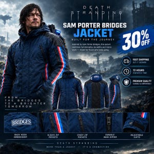Puede incluir: Una chaqueta azul oscuro con paneles negros en los hombros y rayas rojas y blancas en las mangas. La chaqueta incluye una capucha con bordado BRIDGES, múltiples bolsillos con cremallera en el pecho y las mangas, una cremallera frontal y puños ajustables.