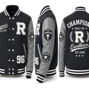 Peut inclure: Une veste universitaire noire et grise avec des lettres et des écussons blancs. Le devant affiche 'Legends EST.1996', 'R' et '96'. Le dos porte l'inscription 'CHAMPIONS BUILT ON R Excellence EST.1996'. Les manches incluent des écussons 'ALL STAR TEAM'.