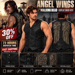 May include: A black leather biker vest featuring a V-neckline with snap button closures, side lace-up detailing, and a large angel wing graphic on the back. The vest includes functional pockets and is labeled as The Walking Dead cosplay biker vest.