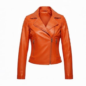 Handmade Orange Studded Leather Jacket Women | Bright Biker | Punk Moto Jacket | Statement  | Edgy Streetwear | Fashion Outerwear