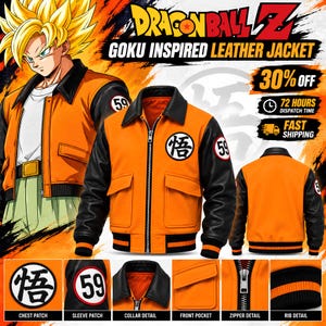May include: An orange and black leather jacket featuring a front zipper, a pointed collar, two front flap pockets, and ribbed cuffs. The chest displays a circular white patch with black Japanese kanji, while the sleeve features a circular patch with the number 59. The jacket is shown from multiple angles including close-ups of the chest patch, sleeve patch, collar, pocket, zipper, and ribbed hem.