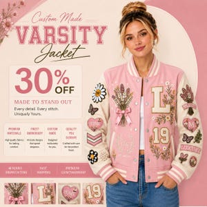 Dames varsityjack op maat, gepersonaliseerd lettermanjack, baseballjack met bloemenprint en initialen, jack met custom patch als cadeau