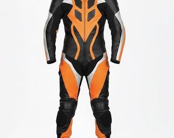 Personalize Men Black & Orange Motorcycle Racing Suit, Leather Motorbike, One Piece Biker Outerwear, MotoGP Style  CE Armor, Moto Suit