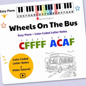 Op de afbeelding: Een witte kaart met de titel "Wheels On The Bus" en kleurgecodeerde letter notities voor eenvoudige piano. De kaart bevat een pianoklavierdiagram, een busillustratie en de tekst "Easy Piano" en "Color Coded Letter Notes + Video Tutorial".