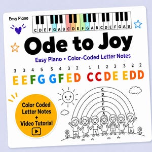 May include: A white educational poster for learning piano, featuring the title "Ode to Joy" in large black letters. It includes color-coded letter notes, a piano keyboard graphic, and a video tutorial icon. The design incorporates a rainbow and children.