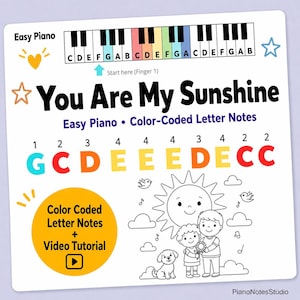 Może przedstawiać: Biała karta lekcji gry na pianinie z tytułem "You Are My Sunshine". Zawiera kolorowe nuty literowe, diagram klawiatury fortepianu oraz ilustracje słońca, chmur, dzieci, psa i nut. Karta zawiera również tekst "Easy Piano."