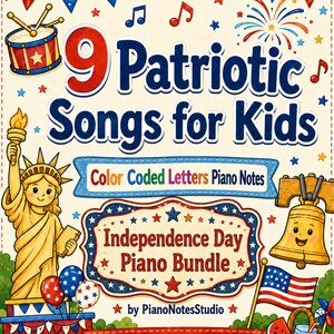 9 Patriotic Songs for Kids, You are a Grand Old Flag Piano Sheet Music PDF,  Color-Coded Letter Notes, 4th of July Coloring Pages