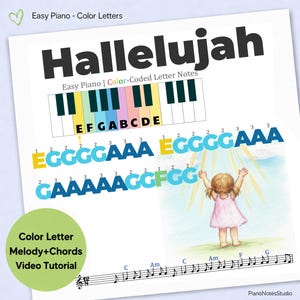 May include: Sheet music for "Hallelujah" with color-coded letter notes for easy piano. The image includes a piano keyboard graphic, musical notes, and a drawing of a child with arms raised. Text includes "Easy Piano - Color Letters".